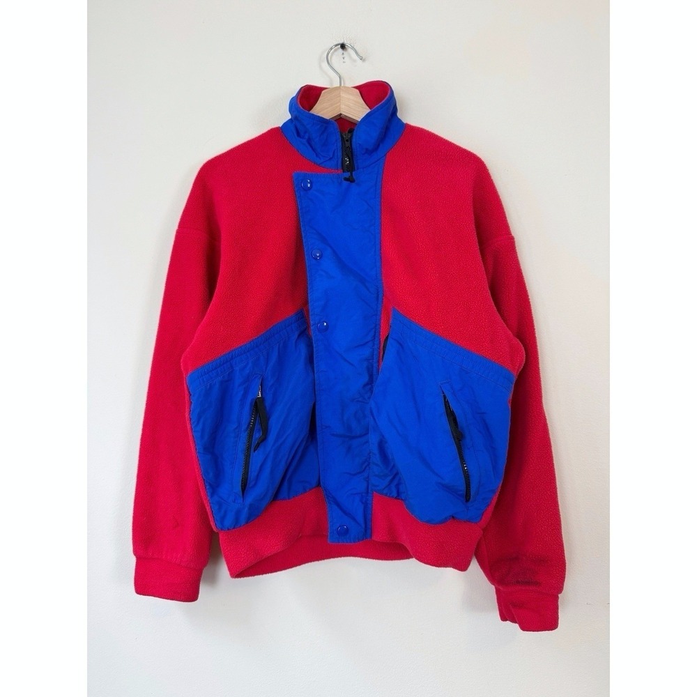 Vintage Marmot Zip Up Button Ski Skiing Fleece Red Blue Sweatshirt - Medium